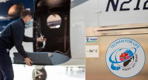 loading DESMON ultra-freezer for COVID vaccine storage to Tecnam's P2012 TRAVELCARE aircraft
