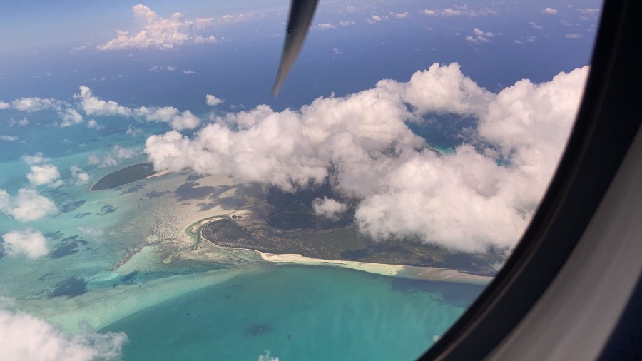 Airplane view of the Bahamas coast